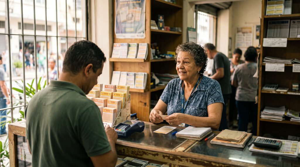 Atendente conversa com cliente no balcão de uma casa lotérica, com bilhetes de loteria expostos em prateleiras
