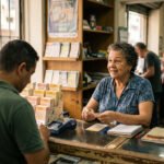 Atendente conversa com cliente no balcão de uma casa lotérica, com bilhetes de loteria expostos em prateleiras