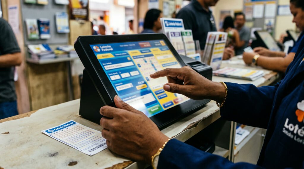 Atendente de casa lotérica usa terminal digital touchscreen ao lado de um bilhete impresso da Loteria Federal