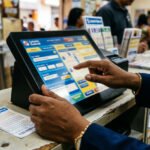 Atendente de casa lotérica usa terminal digital touchscreen ao lado de um bilhete impresso da Loteria Federal