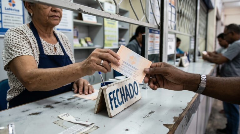 Bilhete da Loteria Federal sendo devolvido no balcão de uma lotérica fechada, com placa de fechado à mostra